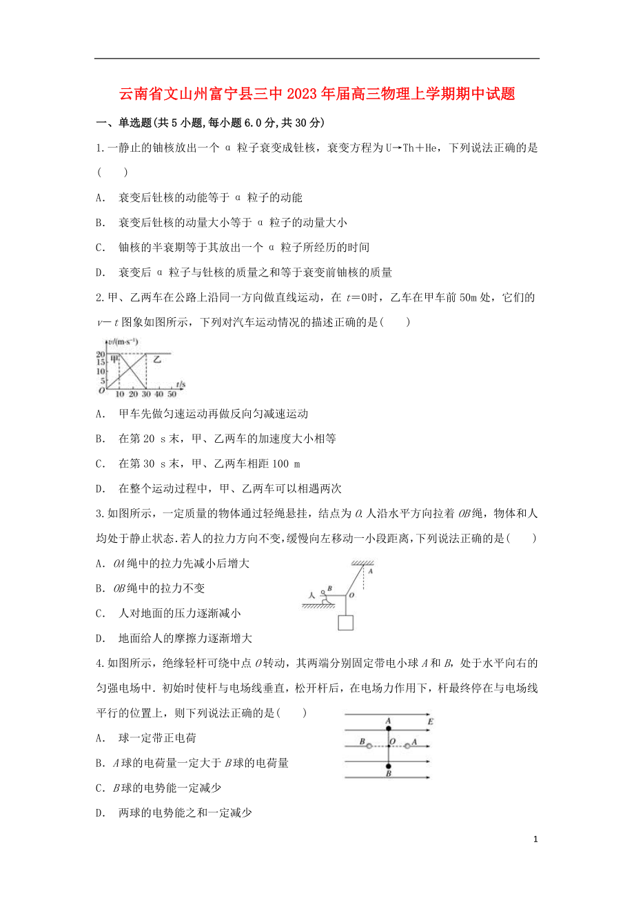 云南省文山州富宁县三中2023学年高三物理上学期期中试题.doc_第1页