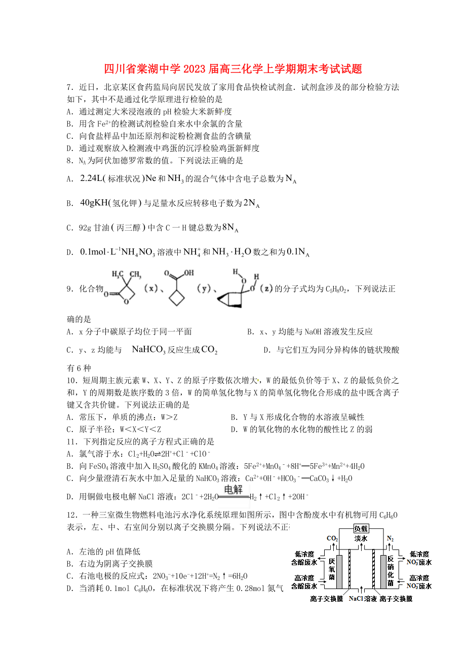 四川省棠湖中学2023届高三化学上学期期末考试试题.doc_第1页