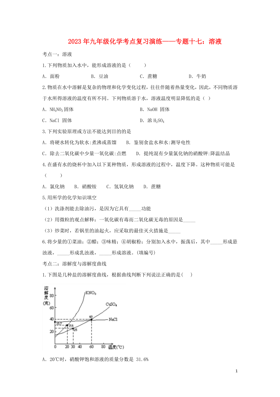 2023学年九年级化学考点复习演练专题十七溶液试题.doc_第1页