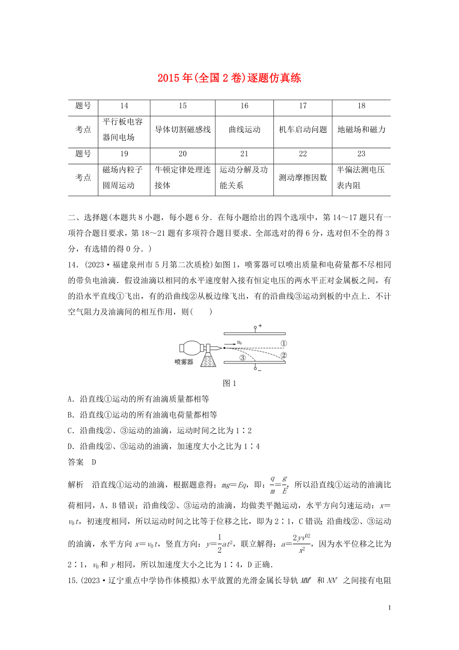 2023学年高考物理二轮复习“8+2”限时训练142015年全国2卷逐题仿真练含解析.docx_第1页