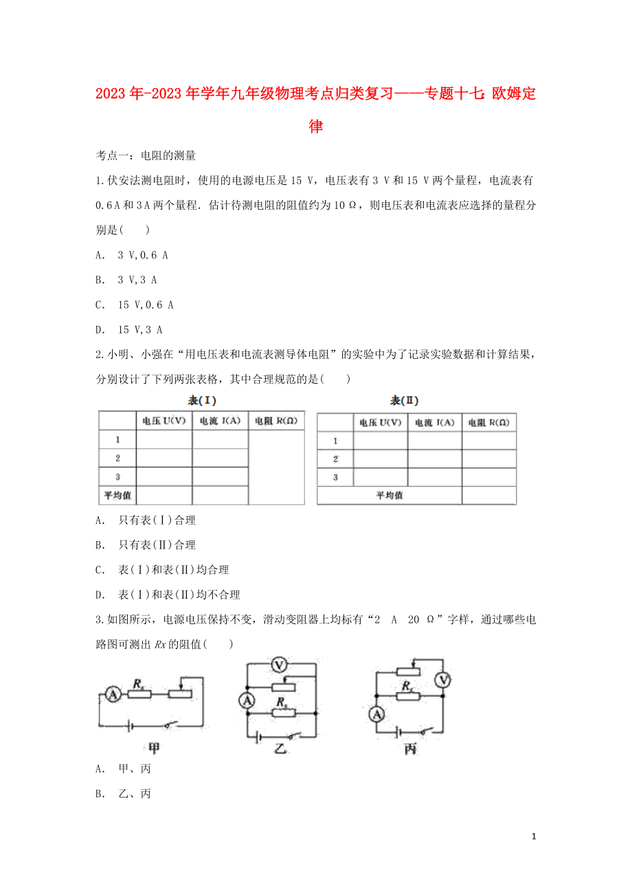 2023学年九年级物理考点归类复习专题十七欧姆定律练习含解析.doc_第1页