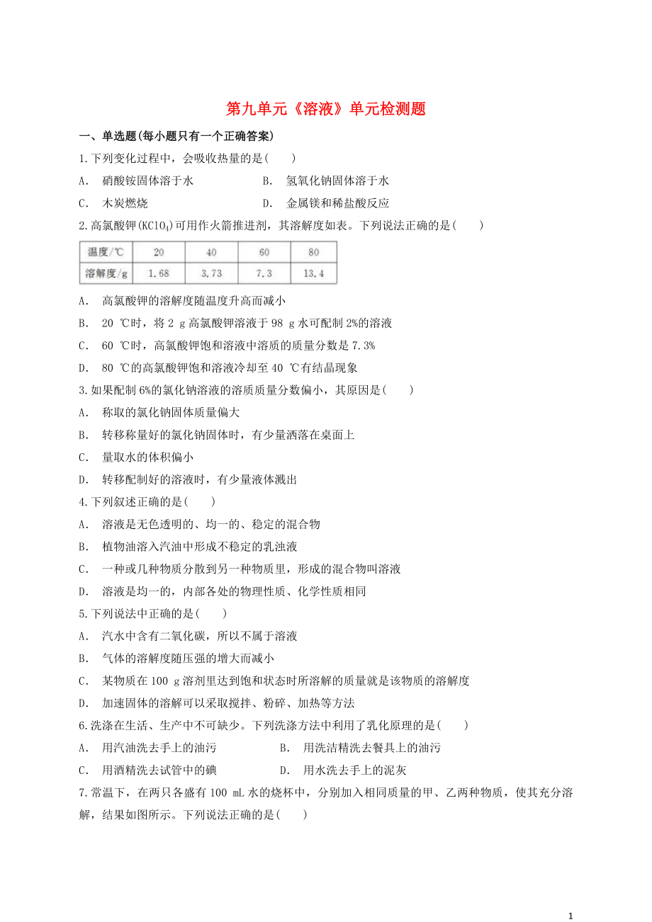 2023学年九年级化学下册第九单元溶液检测题含解析新版（人教版）.docx_第1页