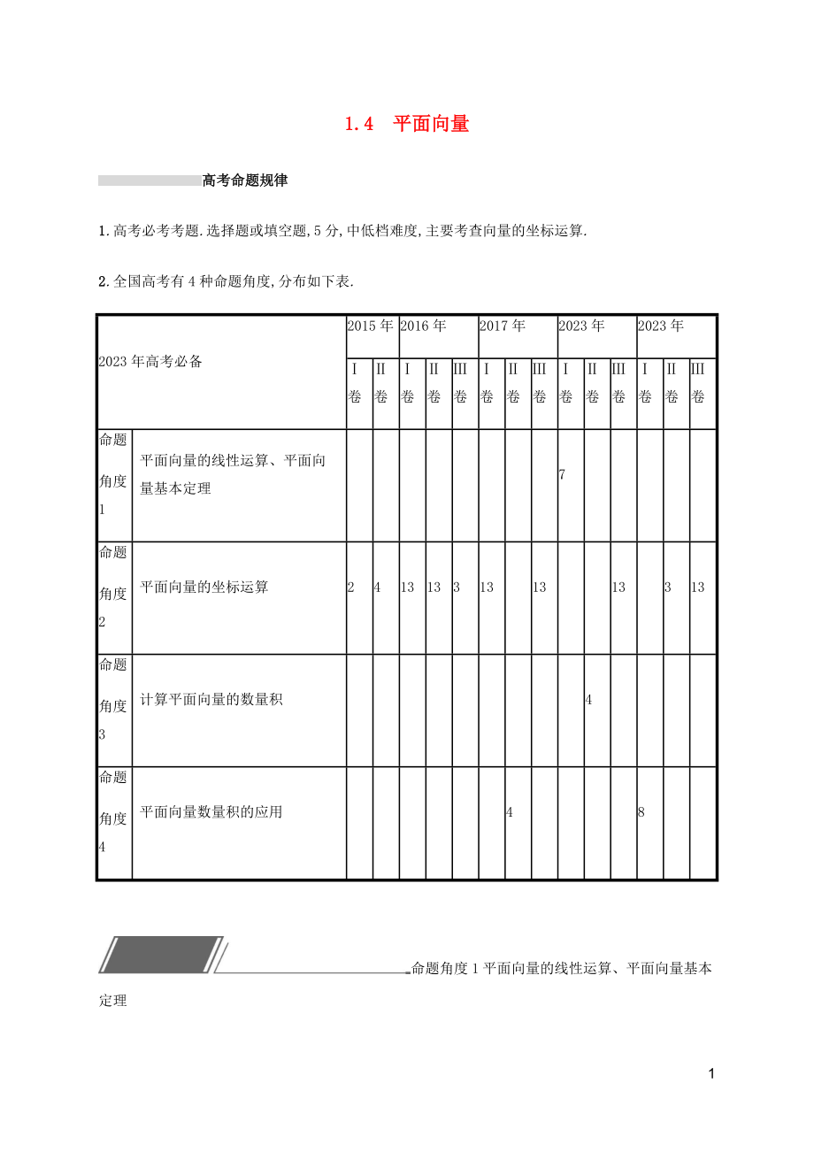 2023学年高考数学复习专题一高频客观命题点1.4平面向量练习文2.docx_第1页