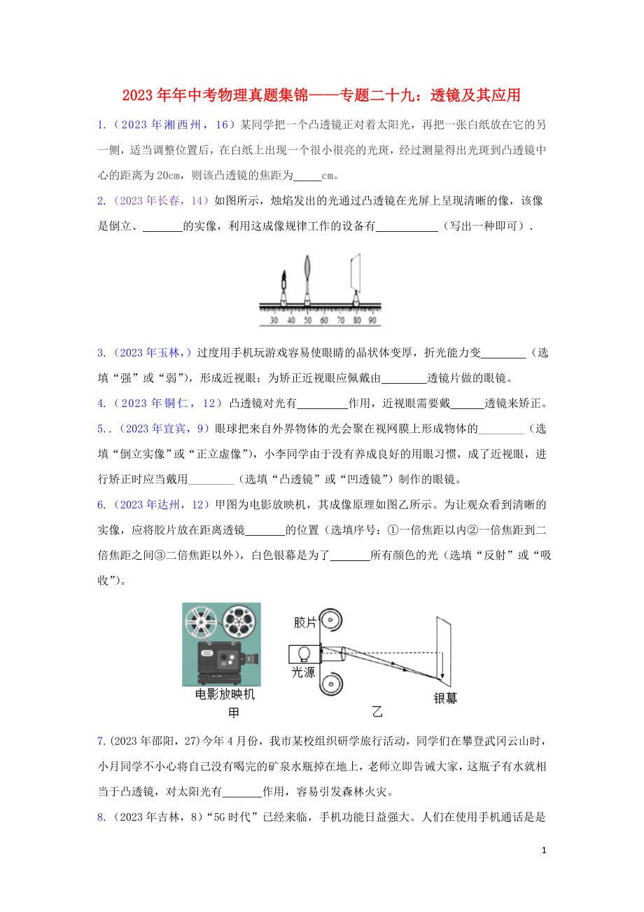 2023学年中考物理真题集锦三专题二十九透镜及其应用试题.doc_第1页