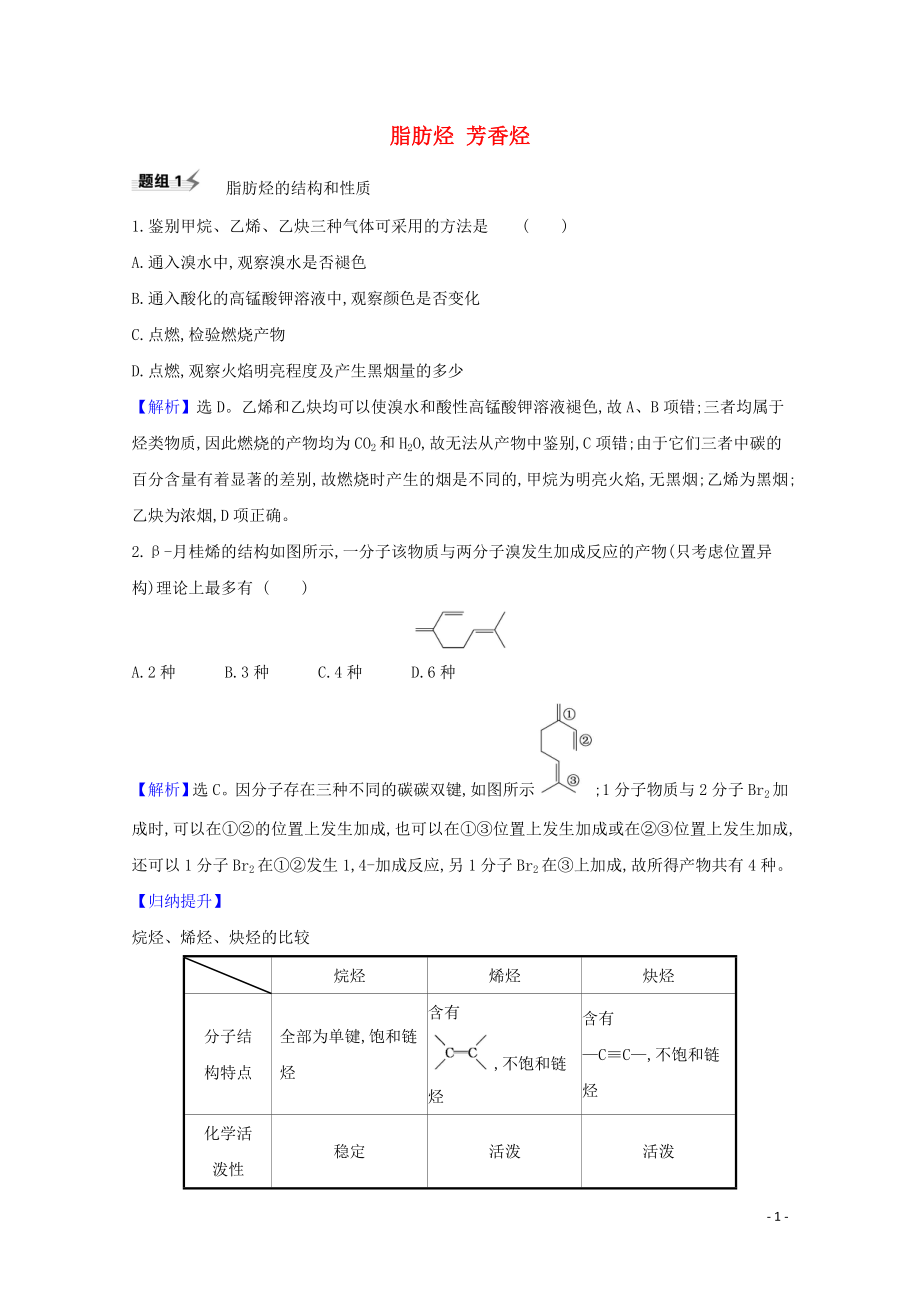 2023学年高考化学一轮复习9.2脂肪烃芳香烃题组训练过关1含解析苏教版.doc_第1页