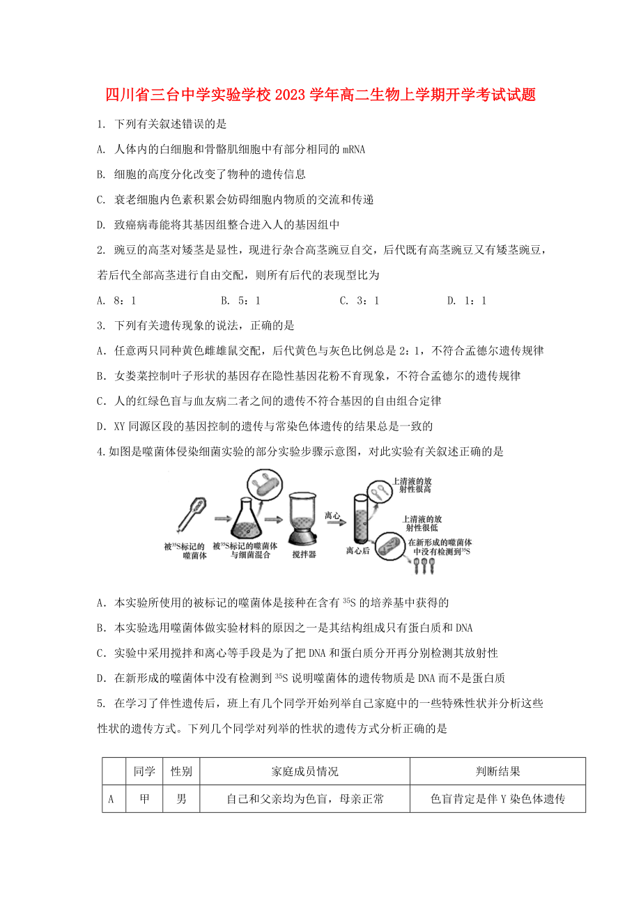 四川省三台中学实验学校2023学年高二生物上学期开学考试试题.doc_第1页