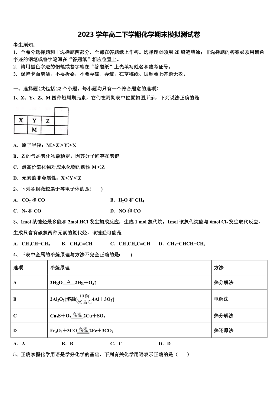 四川省眉山市仁寿第一中学校南校区2023学年化学高二下期末质量跟踪监视模拟试题（含解析）.doc_第1页