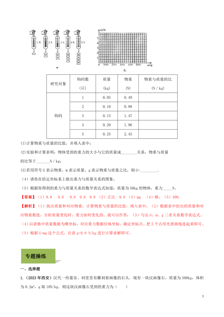 2023学年中考物理学考练重要规律专题06质量与重力的关系试题.doc_第3页