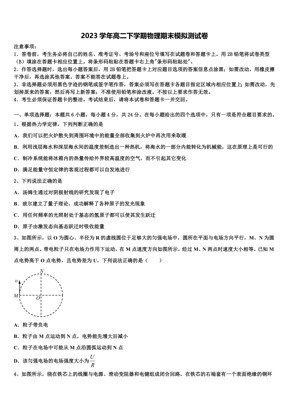 上海外国语大学附属中学2023学年物理高二第二学期期末检测试题（含解析）.doc_第1页