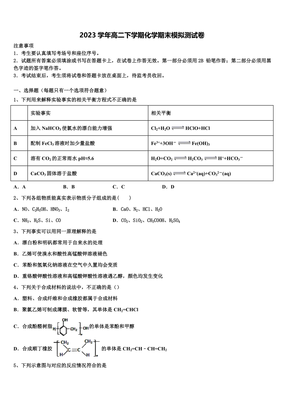 2023届江西省上饶市高二化学第二学期期末达标检测试题（含解析）.doc_第1页