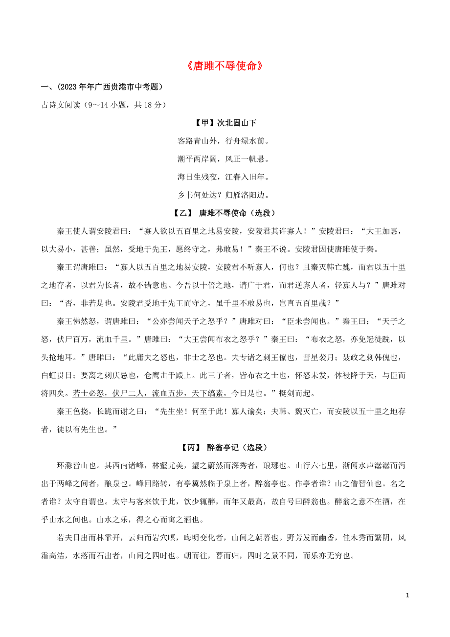 2023学年九年级语文文言文专题05唐雎不辱使命真题训练（人教版）.docx_第1页