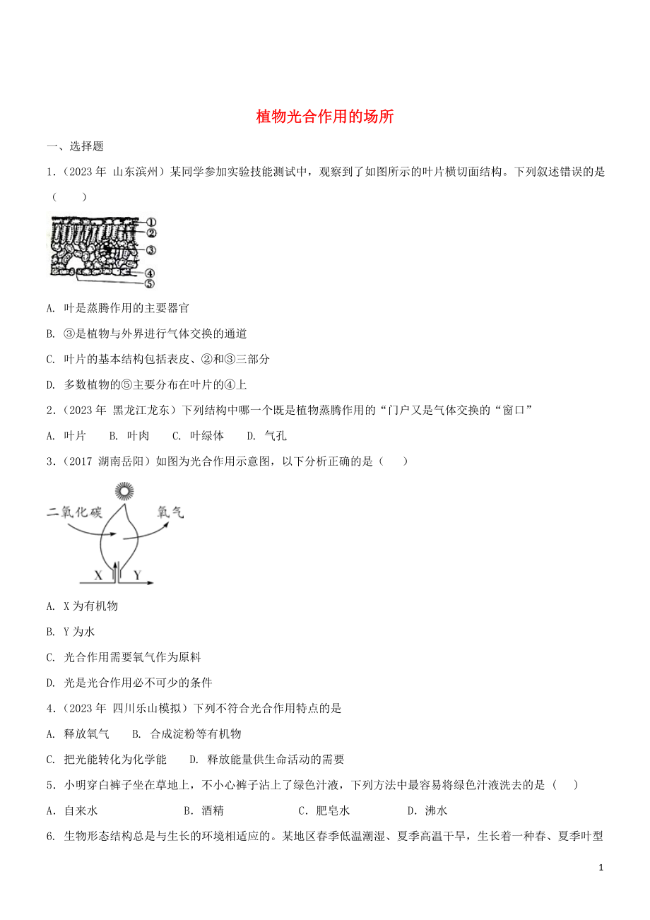 2023学年七年级生物上册第3单元生物圈中的绿色植物第6章绿色植物的光合作用和呼吸作用6.2植物光合作用的场所同步练习含解析苏教版.doc_第1页