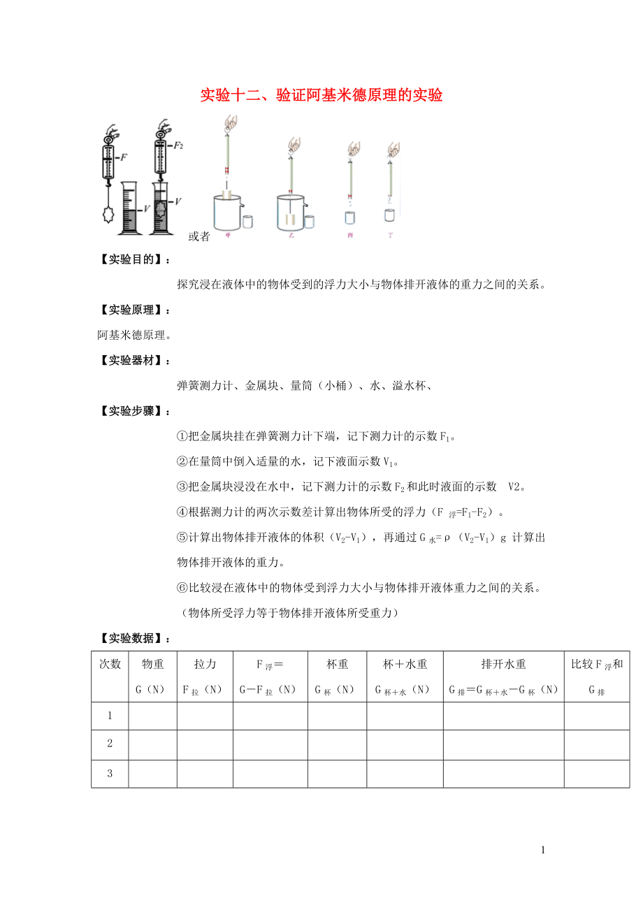 2023学年中考物理必考25个实验考学练实验12验证阿基米德原理实验含解析.docx_第1页