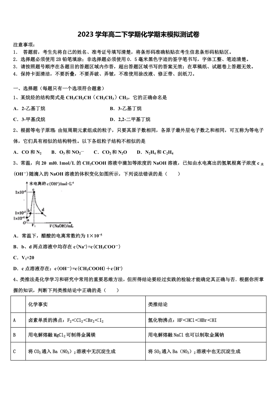 2023届湖南省长沙市湖南师大附中化学高二第二学期期末达标检测模拟试题（含解析）.doc_第1页