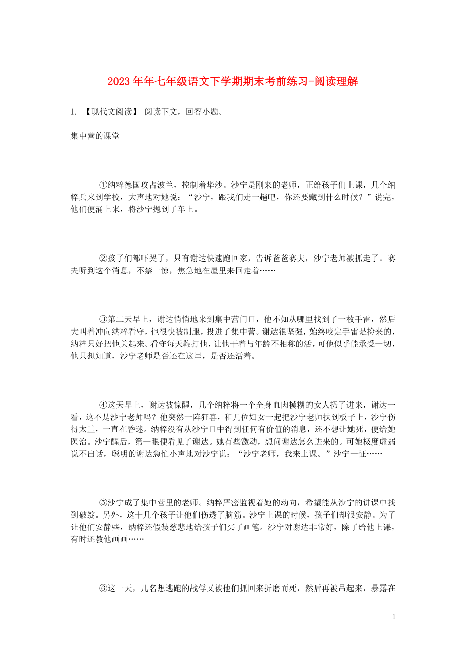 2023学年七年级语文下学期期末考前练习题_阅读理解含解析.doc_第1页