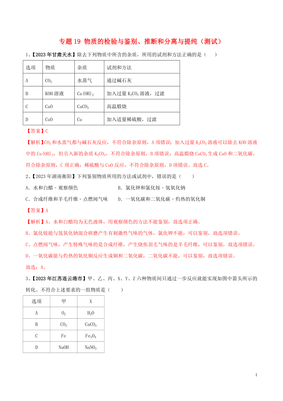 2023学年中考化学一轮复习讲练测专题十九物质的检验与鉴别推断和分离与提纯测试含解析（人教版）.doc_第1页