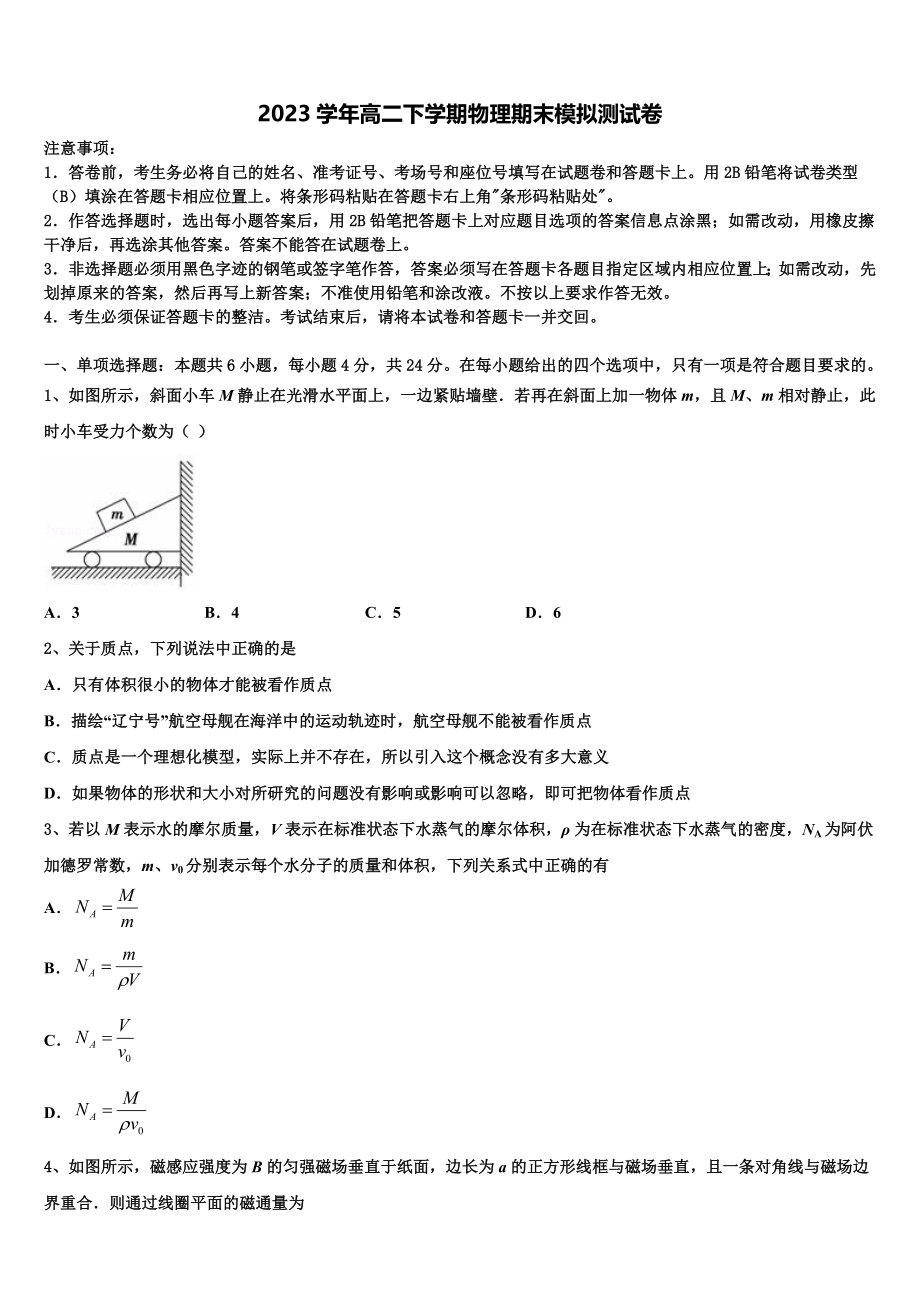 2023学年湖南省邵阳市育英高级中学物理高二下期末监测试题（含解析）.doc_第1页