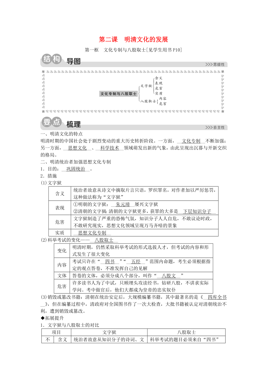 2023学年八年级历史与社会下册第五单元绵延不绝的中华文明三封建社会的发展与近代前夜的危机第二课明清文化的发展5.2.1文化专制与八股取士同步练习含解析（人教版）.doc_第1页