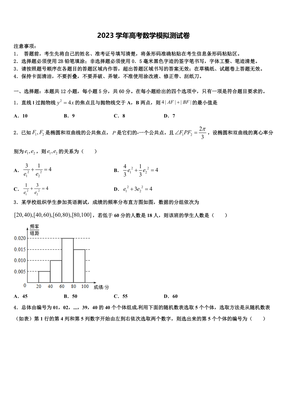 2023学年甘肃省庆阳市镇原县镇原中学高考数学五模试卷（含解析）.doc_第1页