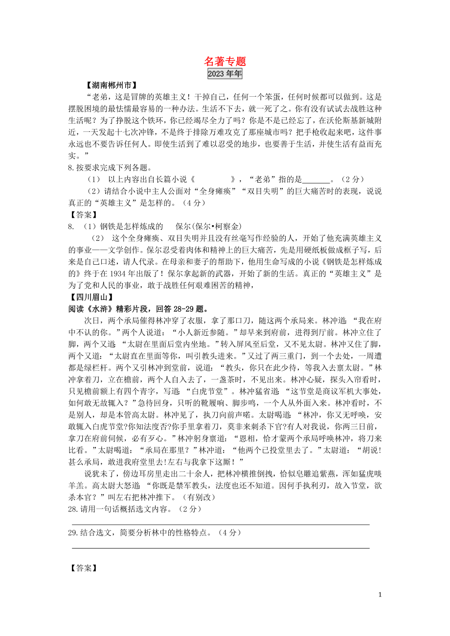 2023学年中考语文总复习名著专题练习题含解析.doc_第1页