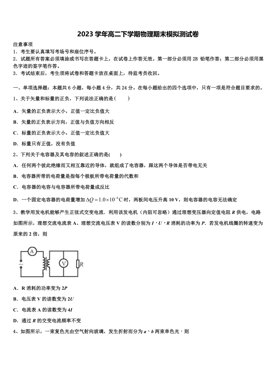 2023届江苏省连云港市赣榆高级中学高二物理第二学期期末调研试题（含解析）.doc_第1页