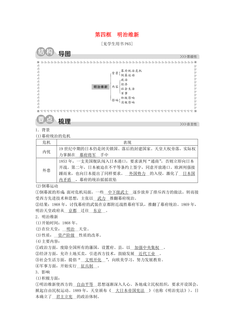 2023学年八年级历史与社会下册第七单元工业革命与马克思主义的诞生7.3资本主义的扩展第四框明治维新同步练习含解析（人教版）.doc_第1页