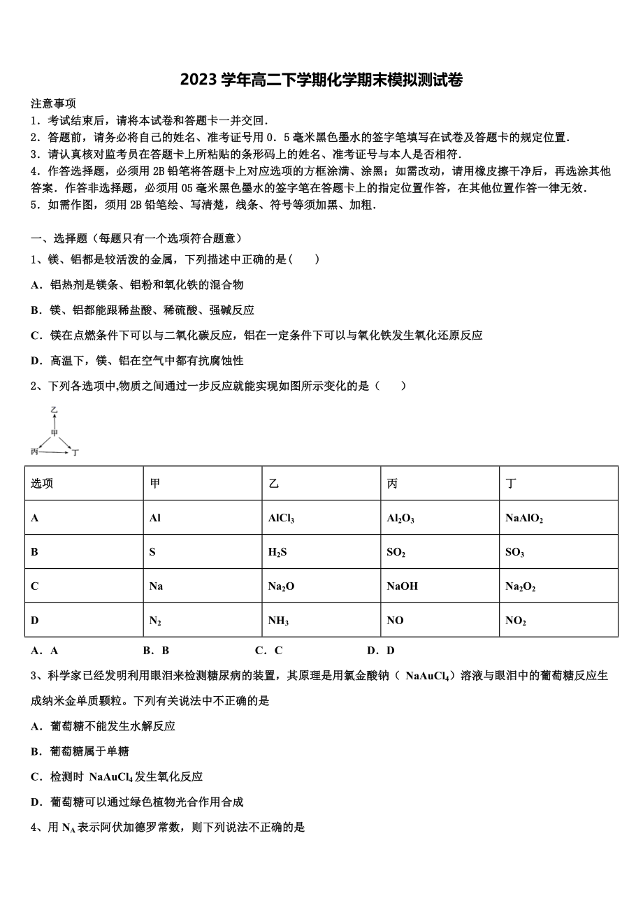 2023届重庆市育仁中学高二化学第二学期期末教学质量检测试题（含解析）.doc_第1页