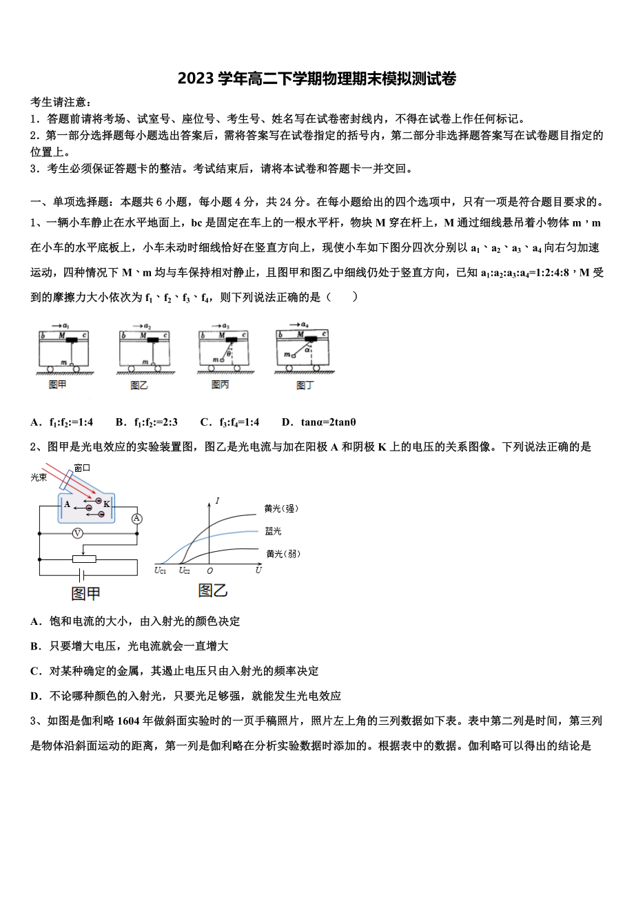 华东师大二附中2023学年物理高二第二学期期末综合测试试题（含解析）.doc_第1页