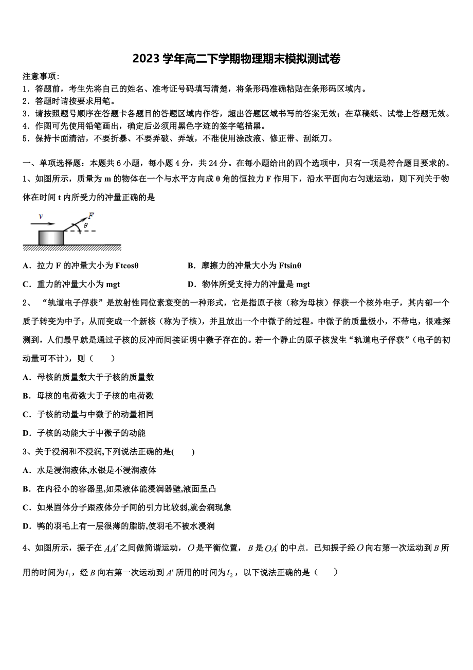 吉林省通化市辉南县第一中学2023学年物理高二下期末复习检测试题（含解析）.doc_第1页