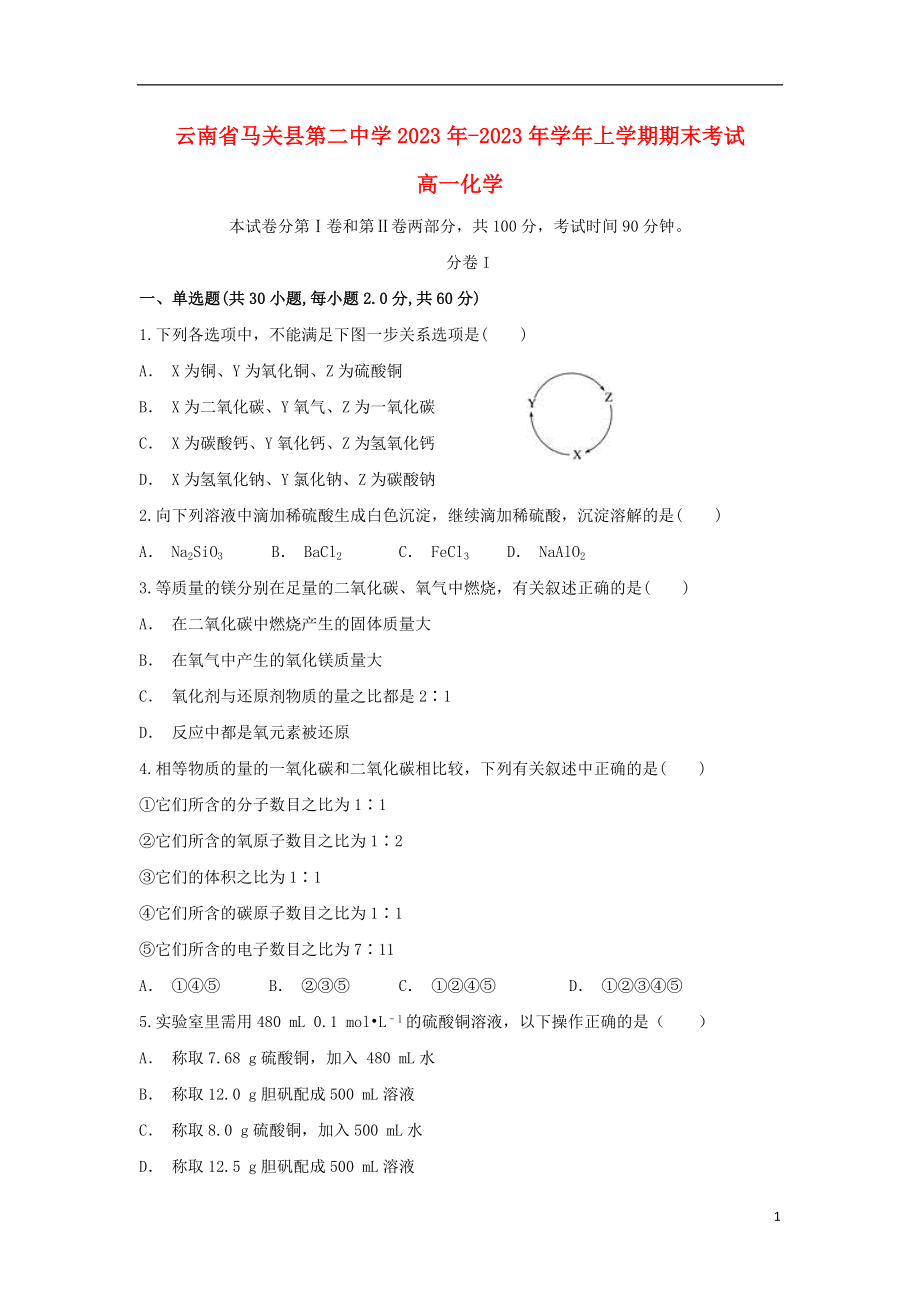 云南省马关县第二中学2023学年高一化学上学期期末考试试题.doc_第1页