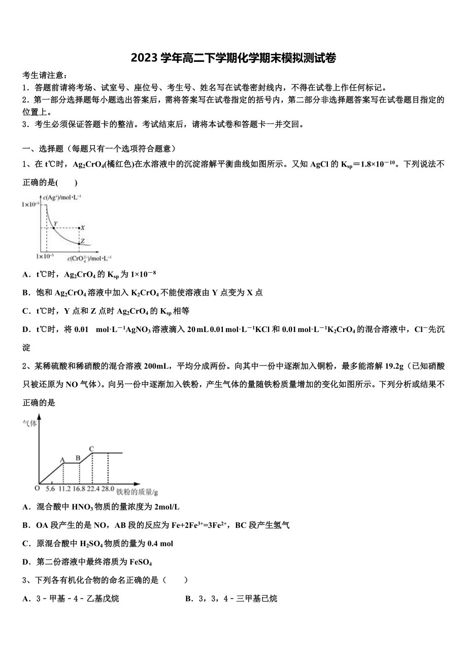 2023学年湖南省湖南师范大学附属中学高二化学第二学期期末质量跟踪监视试题（含解析）.doc_第1页