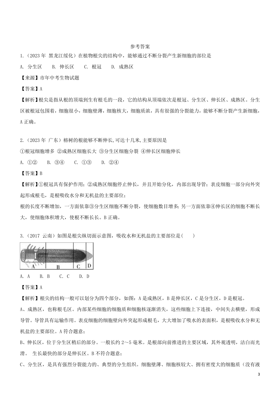 2023学年七年级生物上册第3单元生物圈中的绿色植物第5章绿色植物的一生5.2植物根的生长同步练习含解析苏教版.doc_第3页