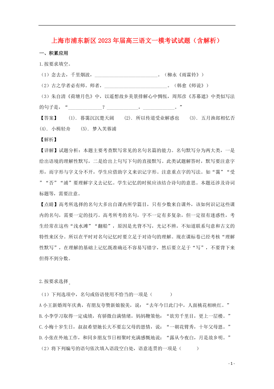 上海市浦东新区2023学年届高三语文一模考试试题含解析.doc_第1页