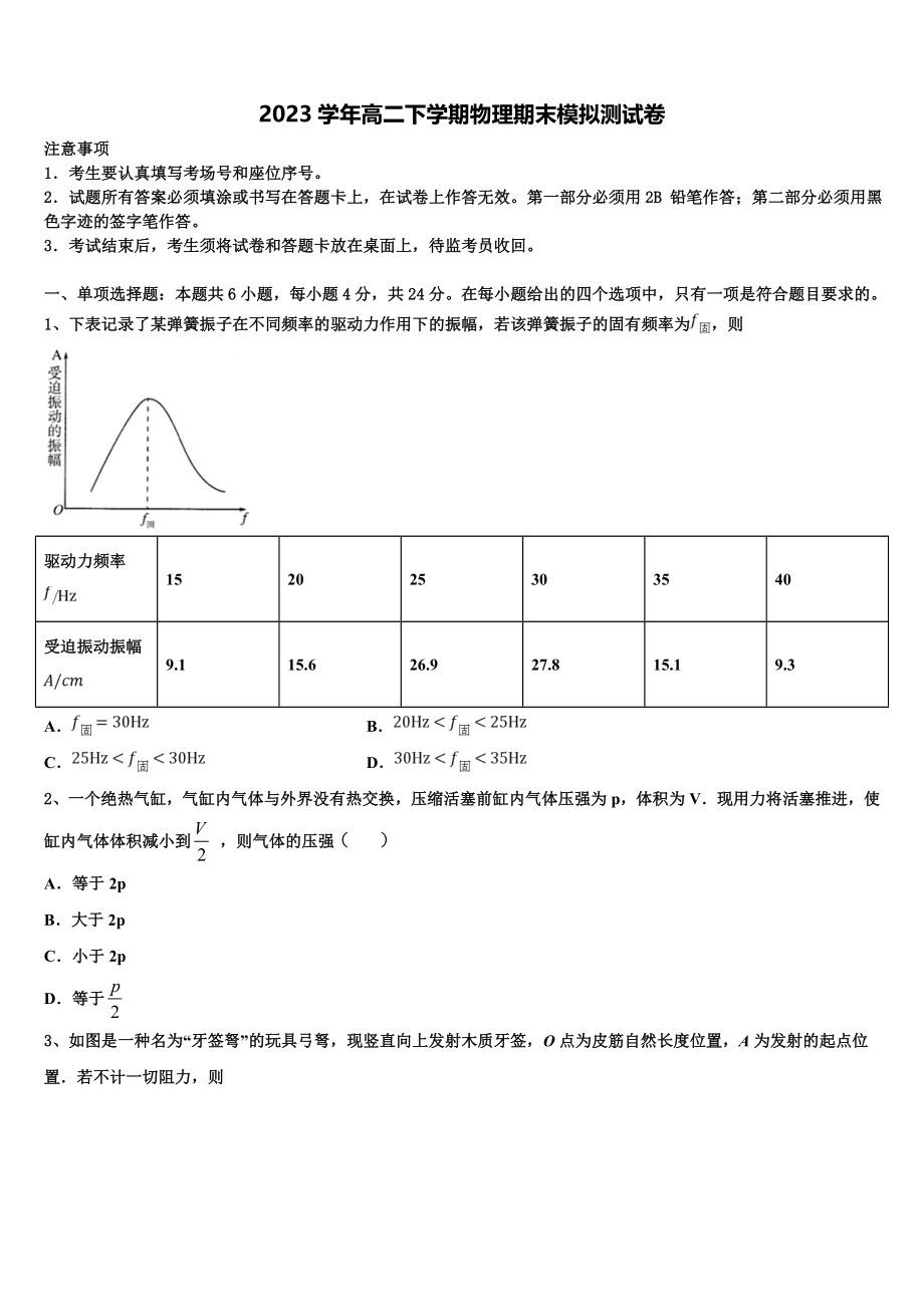 云南省西盟县第一中学2023学年物理高二下期末统考试题（含解析）.doc_第1页