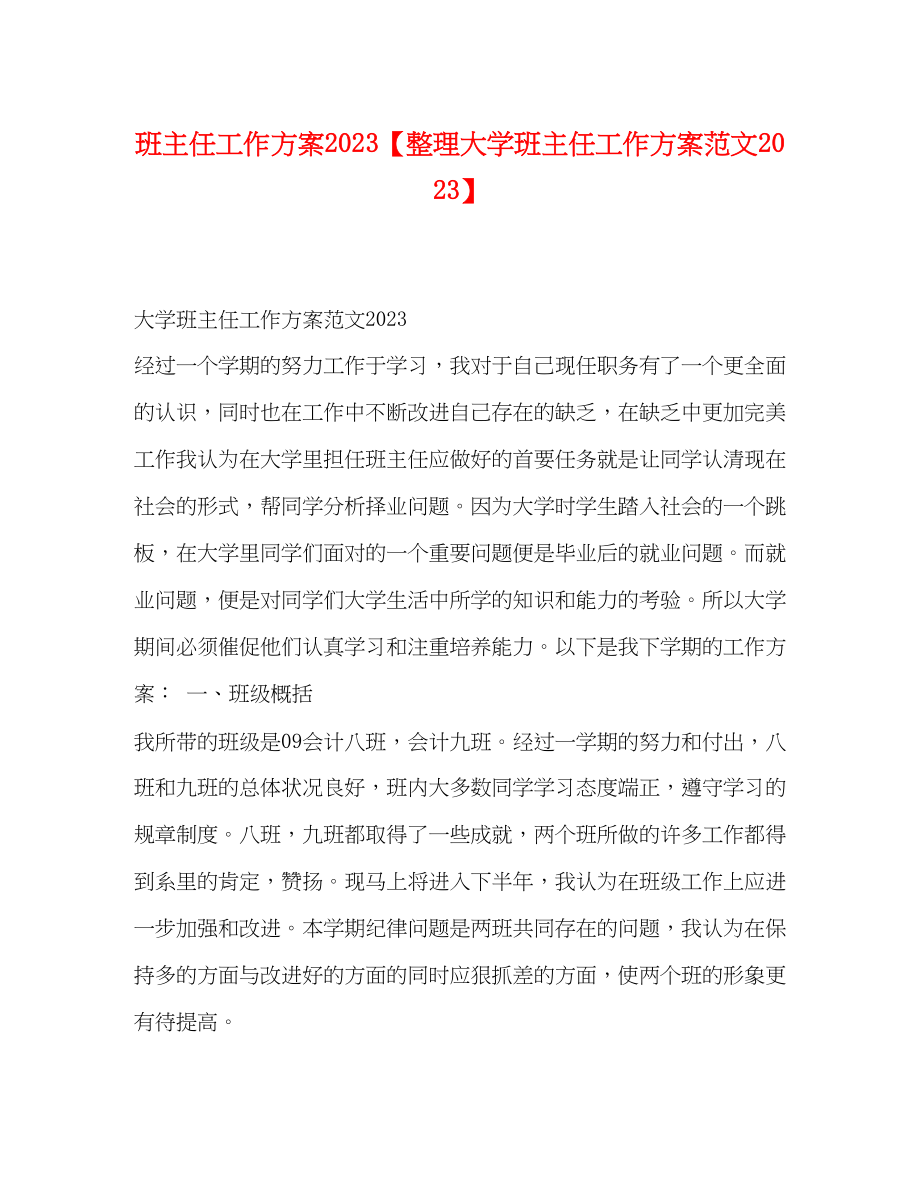 2023年班主任工作计划整理大学班主任工作计划范文.docx_第1页