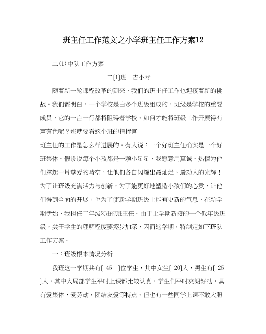 2023年班主任工作范文小学班主任工作计划12.docx_第1页