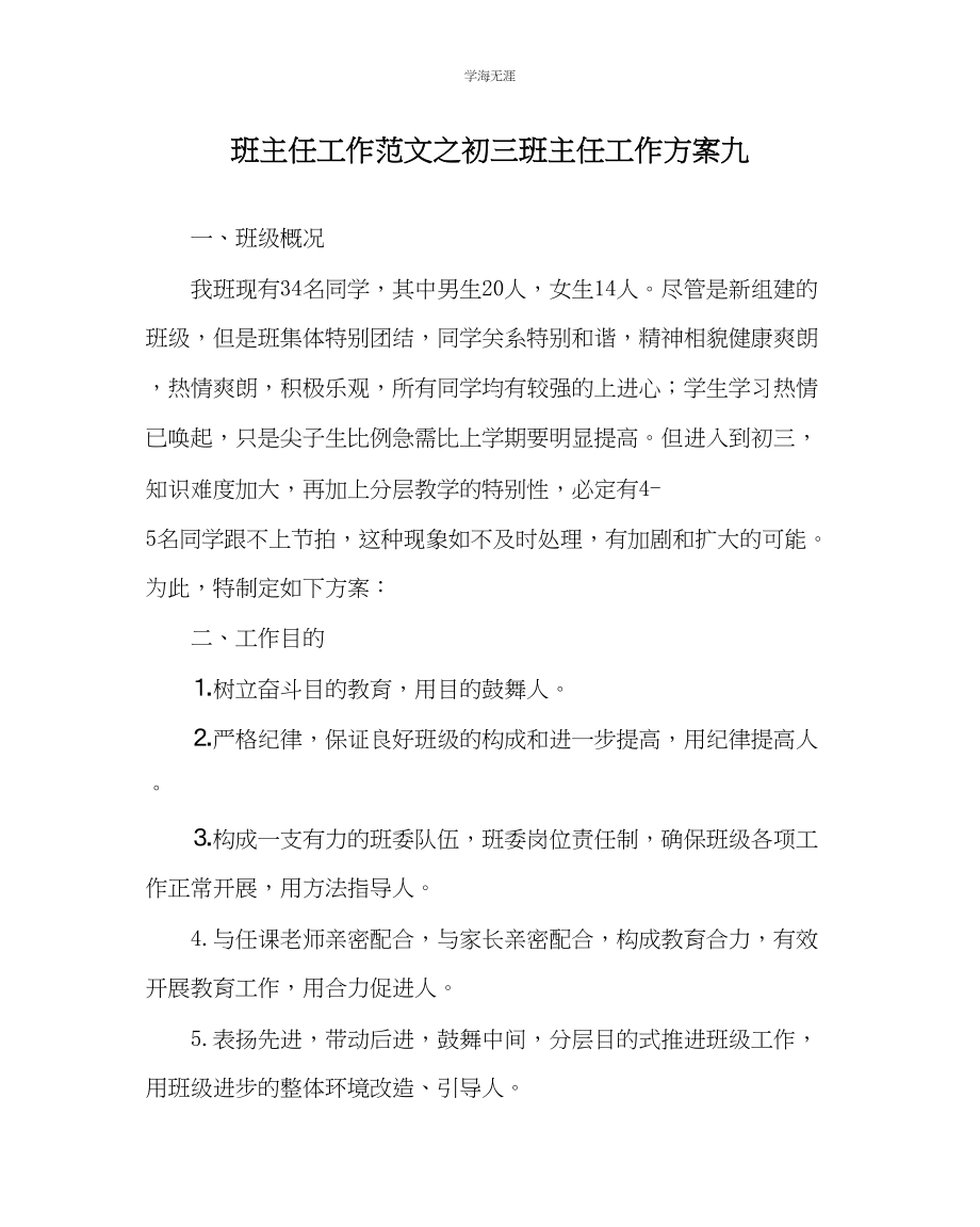 2023年班主任工作初三班主任工作计划九范文.docx_第1页