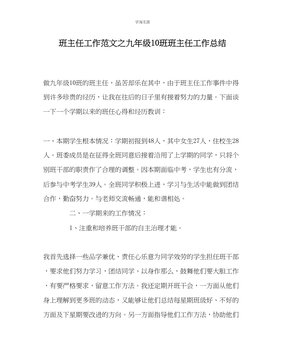 2023年班主任工作九级10班班主任工作总结范文.docx_第1页