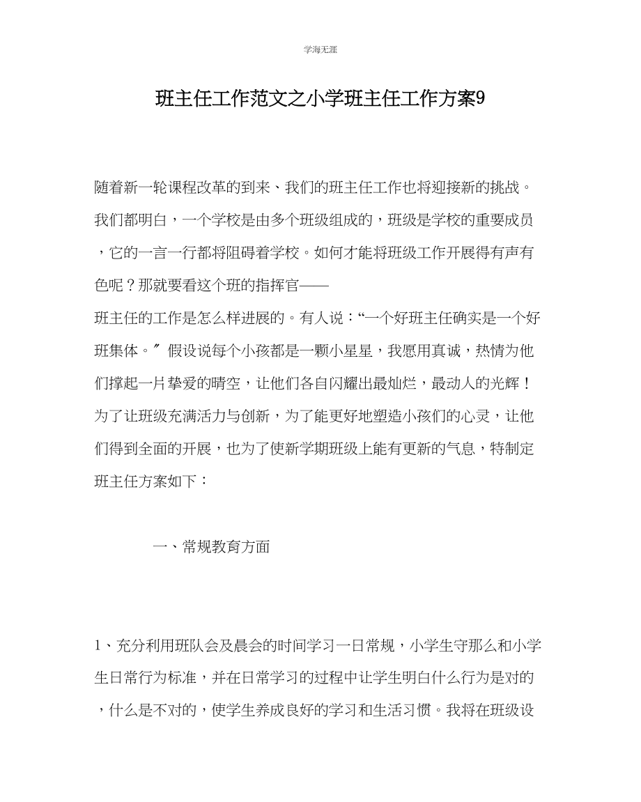 2023年班主任工作小学班主任工作计划9范文.docx_第1页