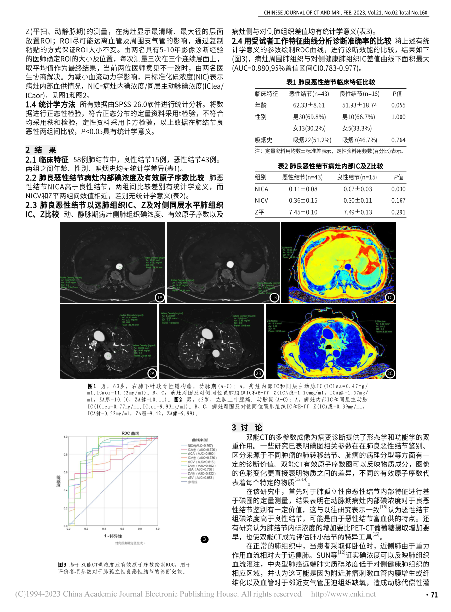 双层探测器光谱CT在肺孤立性良恶性结节中的诊断价值_张楠.pdf_第2页