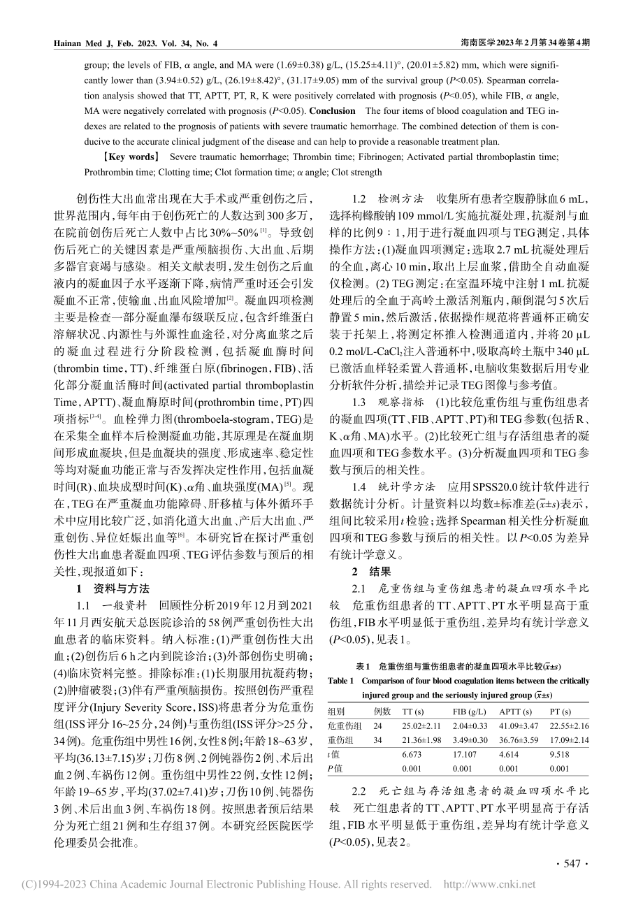 严重创伤性大出血患者的预后...TEG评估参数的相关性研究_贾昭.pdf_第2页