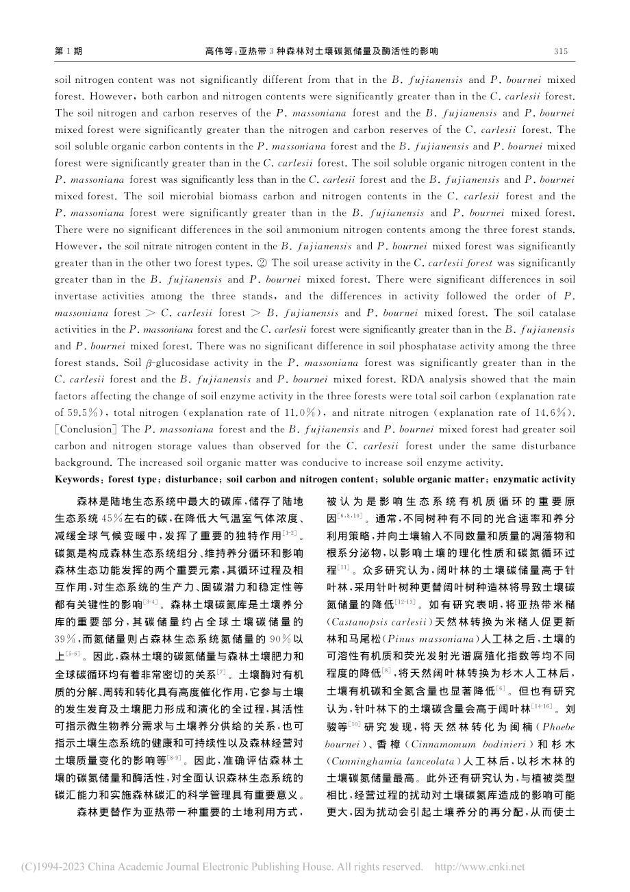 亚热带3种森林对土壤碳氮储量及酶活性的影响_高伟.pdf_第2页