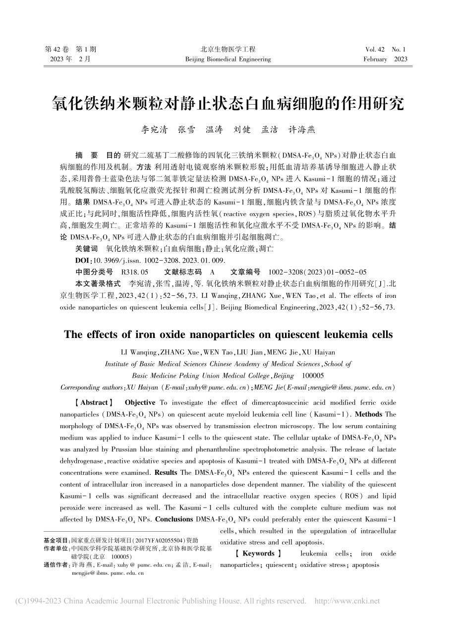 氧化铁纳米颗粒对静止状态白血病细胞的作用研究_李宛清.pdf_第1页