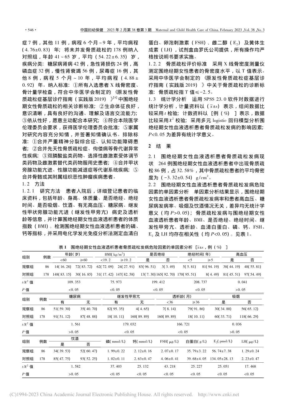 围绝经期女性血液透析患者骨...疏松发病现状及危险因素分析_王乾波.pdf_第2页