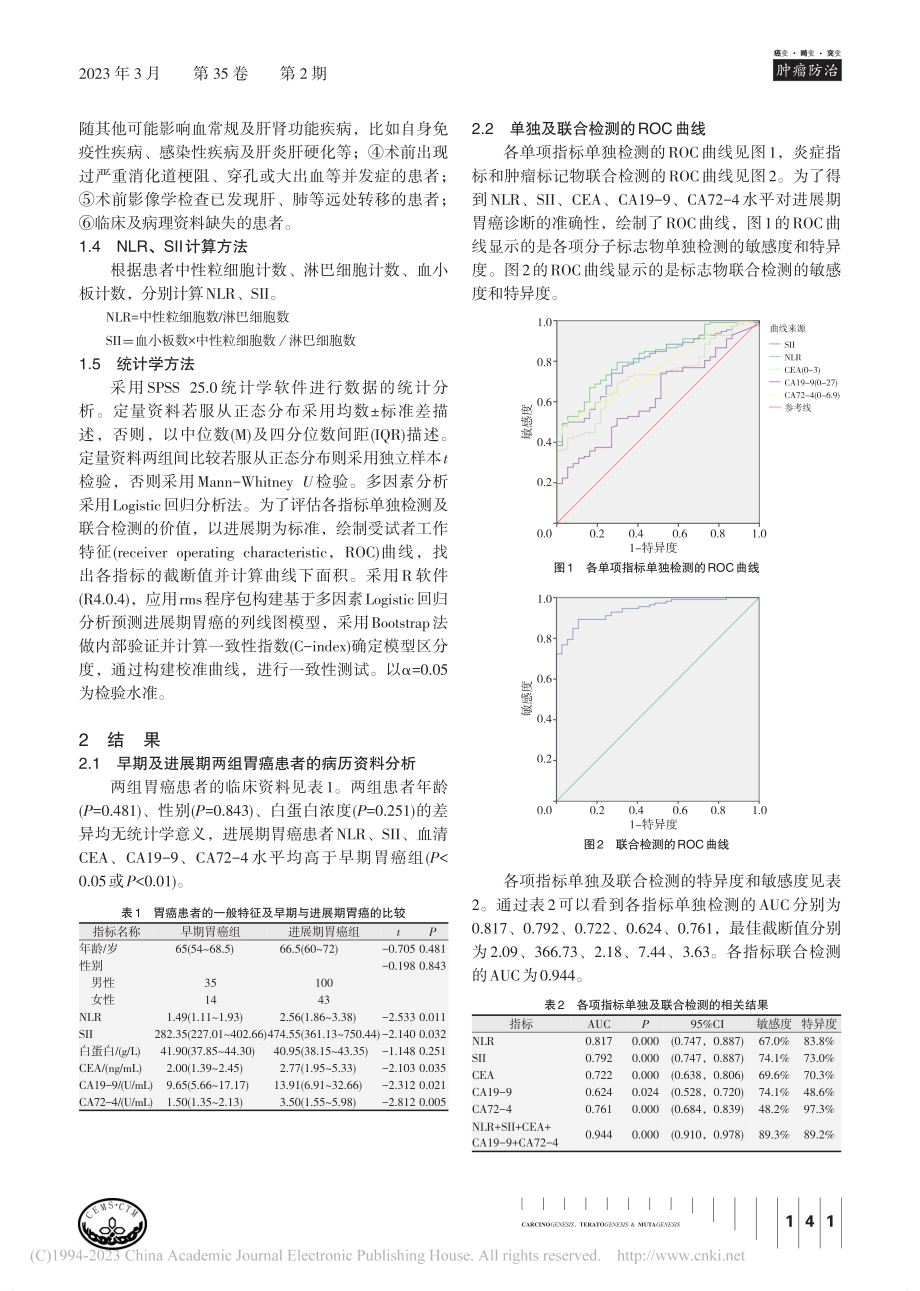 炎症指标和肿瘤标记物联合检测对术前胃癌分期的诊断价值_秦景娜.pdf_第3页