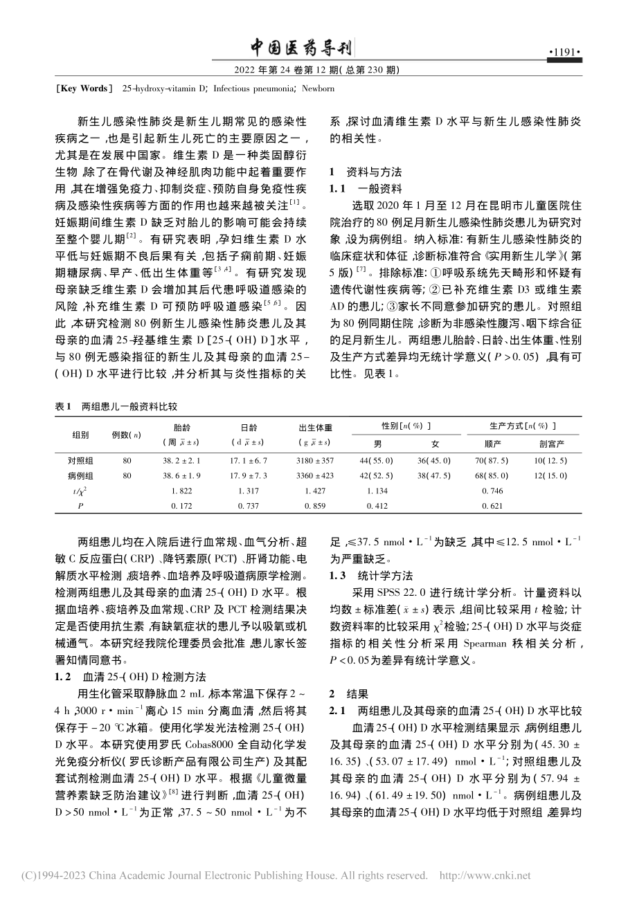 血清25-羟基维生素D水平...生儿感染性肺炎风险的相关性_赵晓芬.pdf_第2页