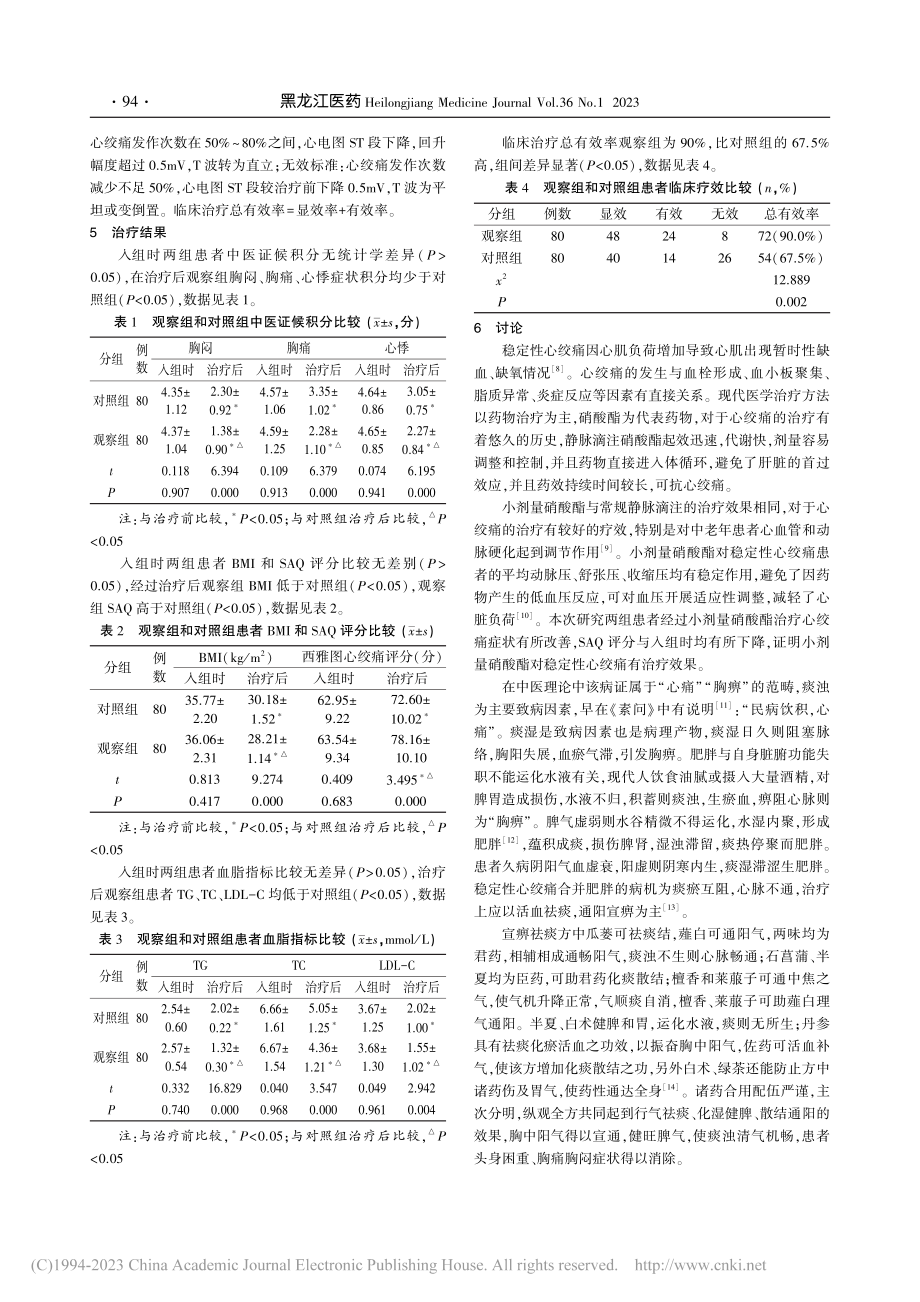 宣痹祛痰方联合小剂量硝酸酯...症(痰瘀互阻证)的疗效观察_张硕.pdf_第3页