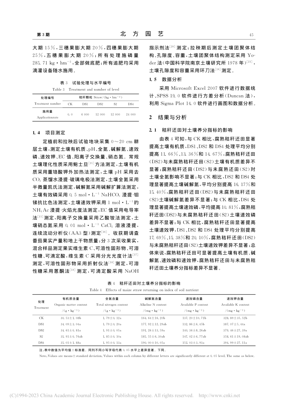 玉米秸秆腐熟还田对设施番茄...量品质及土壤理化性质的影响_赵颖.pdf_第3页