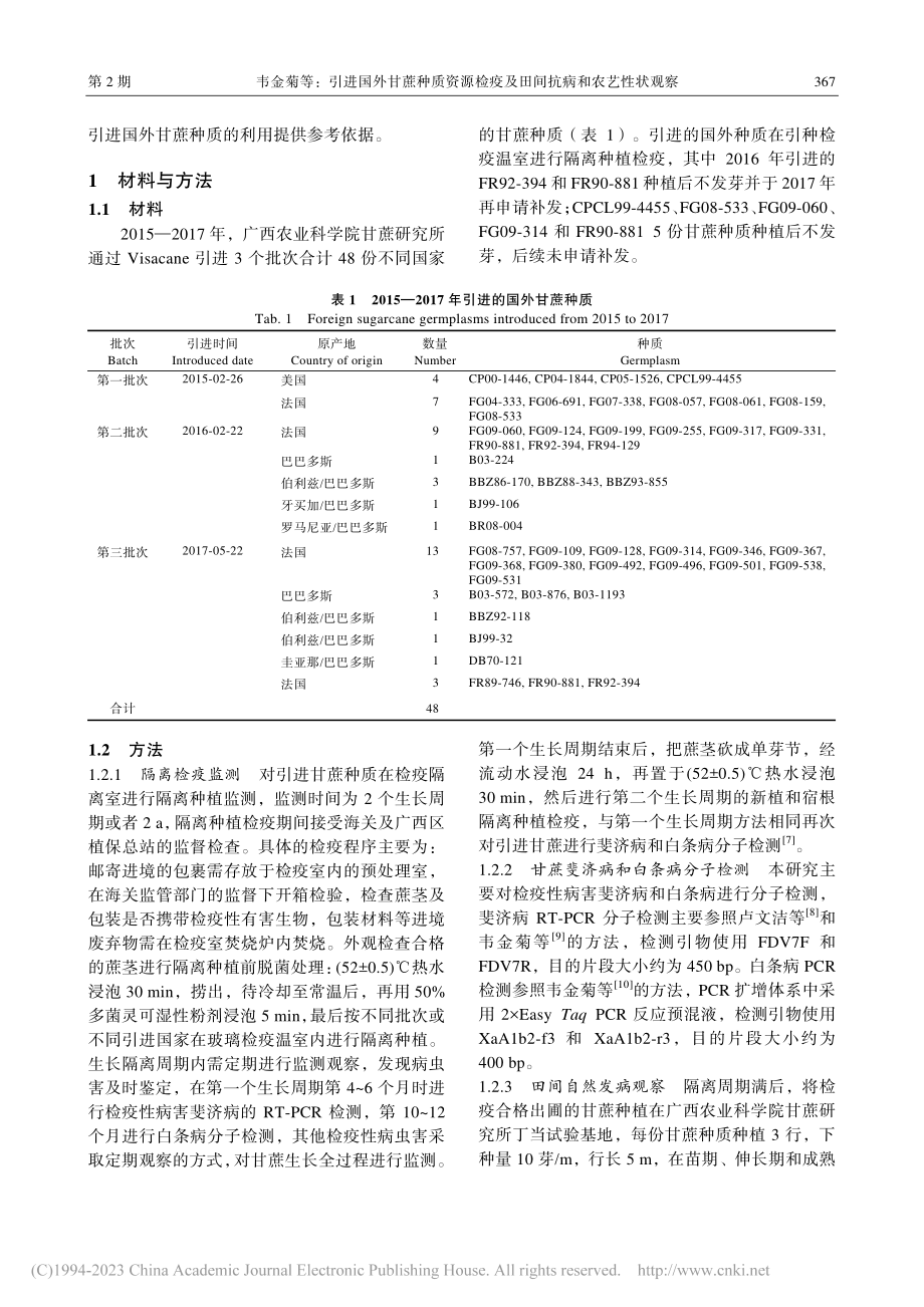 引进国外甘蔗种质资源检疫及田间抗病和农艺性状观察_韦金菊.pdf_第3页