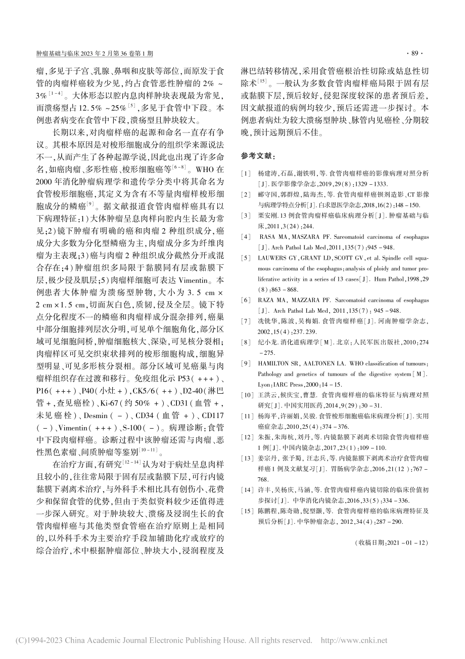 原发性食管肉瘤样癌1例报道并文献复习_马平.pdf_第2页